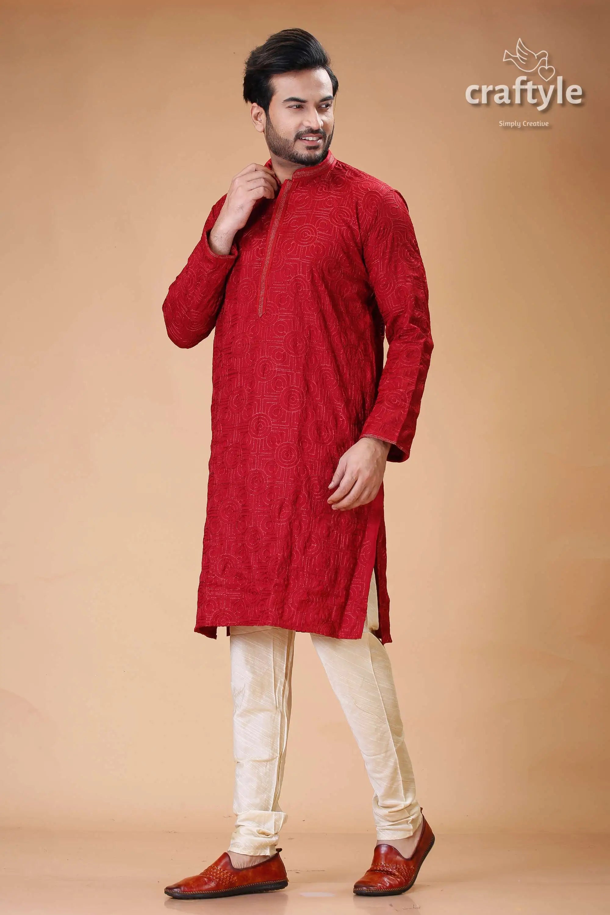 Silk panjabi for men with dark scarlet self-embroidery design maroon embroidered kurta pajama set 4