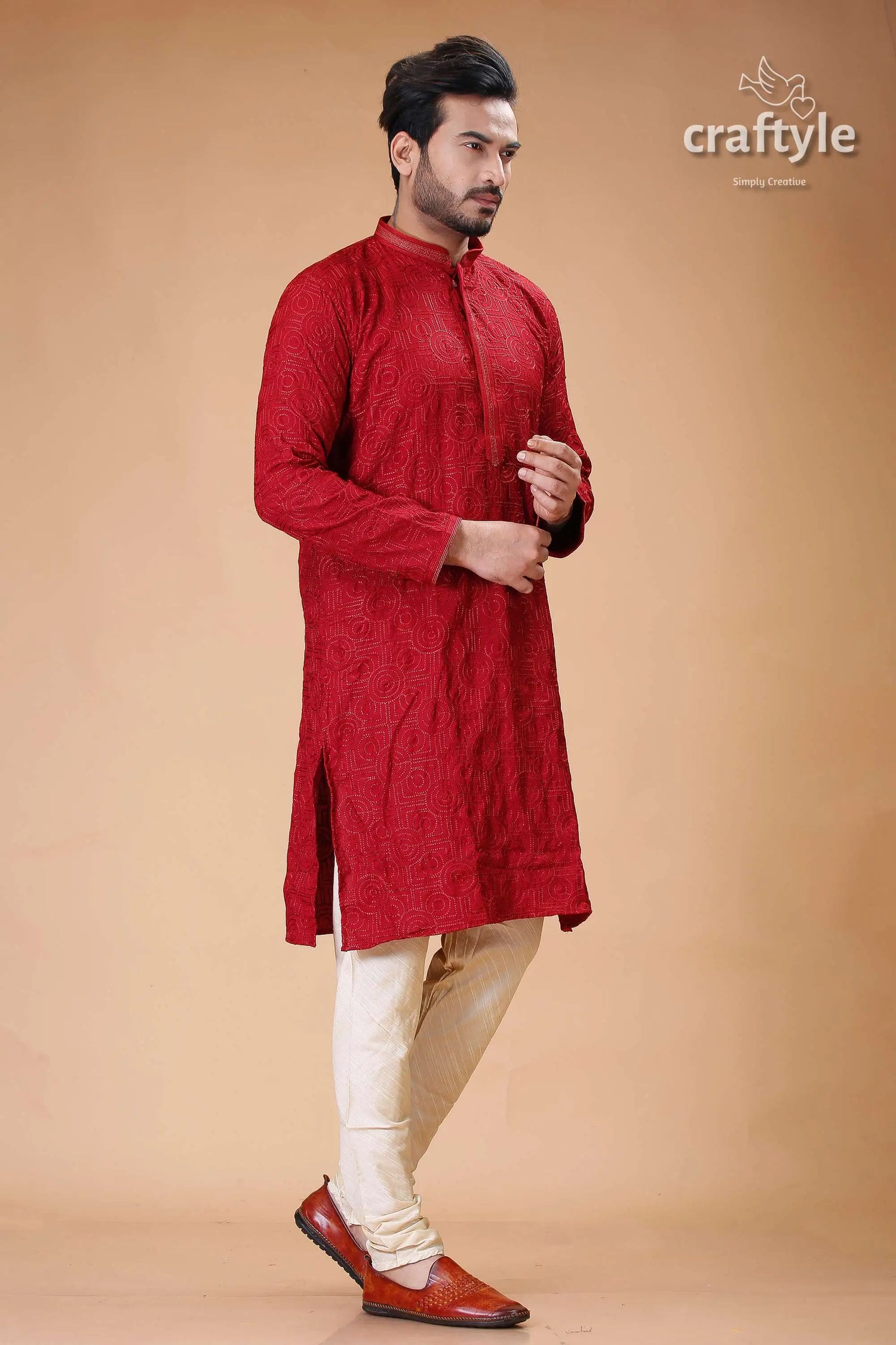 Silk panjabi for men with dark scarlet self embroidery design red embroidered kurta pajama set 3