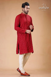 Silk panjabi for men with dark scarlet self embroidery design red embroidered kurta pajama set 3