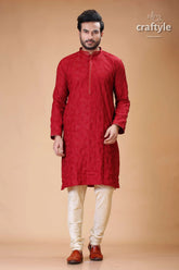 Silk panjabi for men with dark scarlet self embroidery design red embroidered kurta cream pants 1