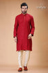 Silk panjabi for men with dark scarlet self embroidery design red embroidered kurta cream pants 1