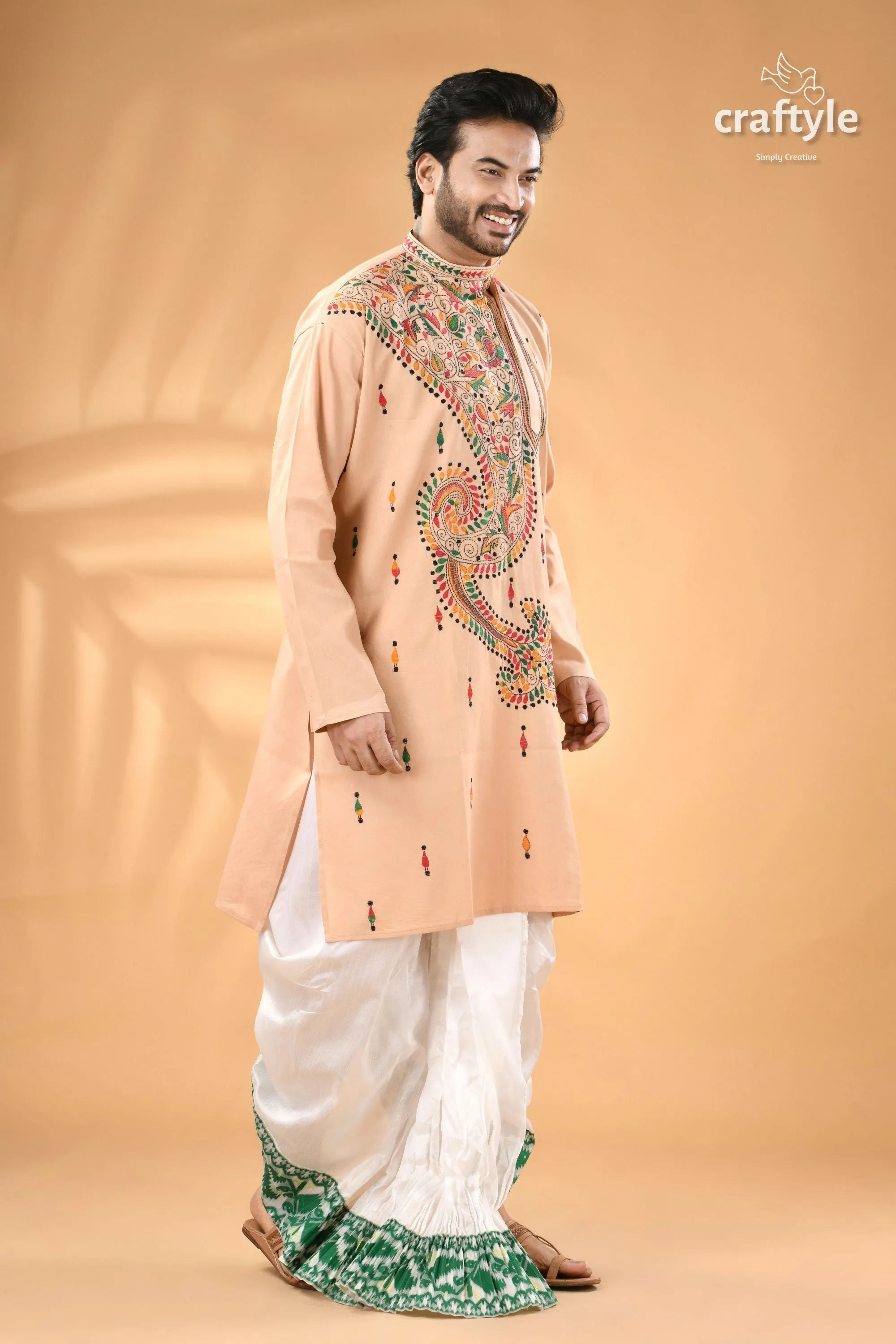 Sisal color multi-thread kantha stitch cotton kurta for men men’s peach-colored embroidered white 4
