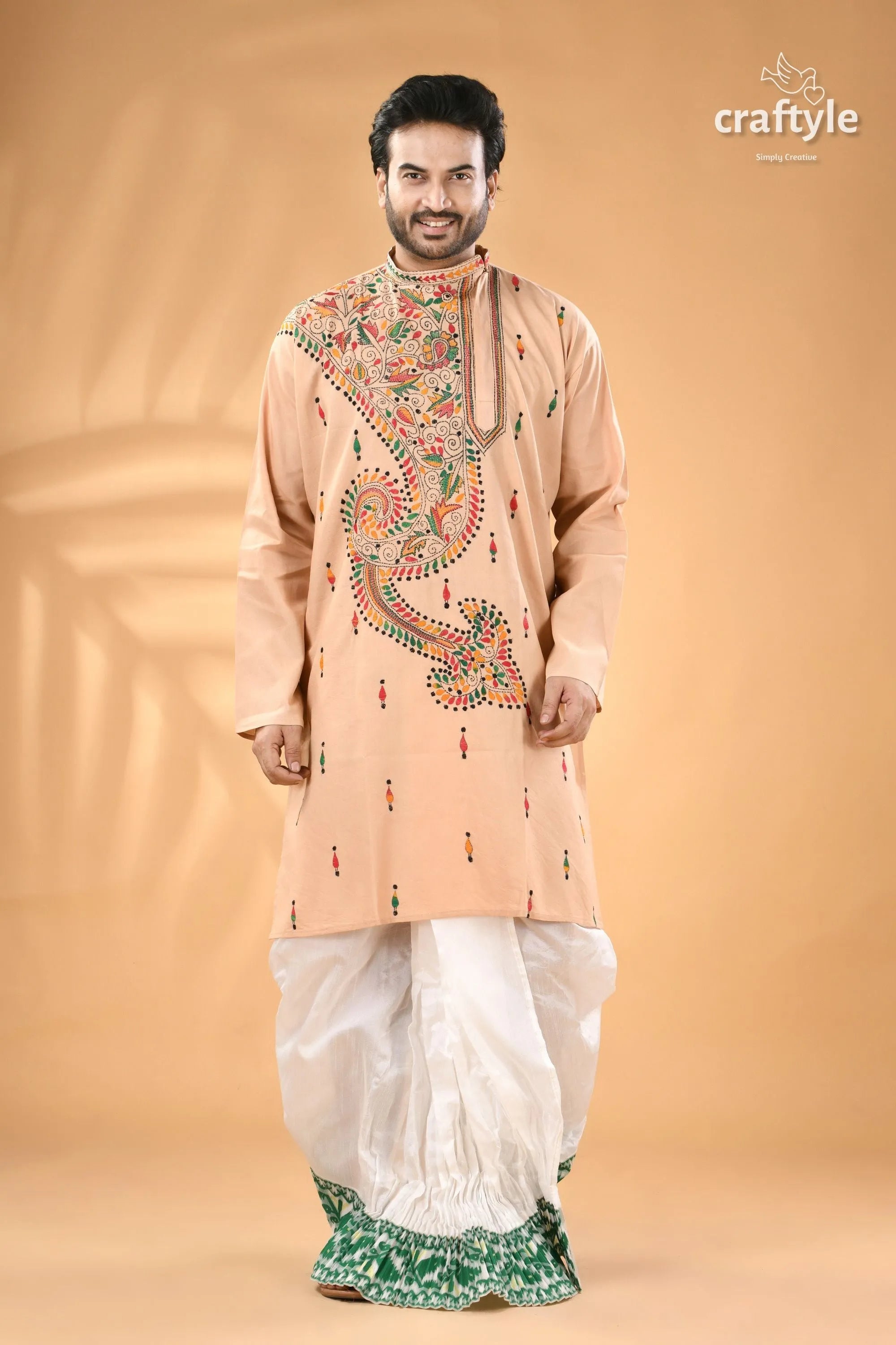 Sisal color multi-thread kantha stitch cotton kurta for men men’s peach-colored embroidered white 1