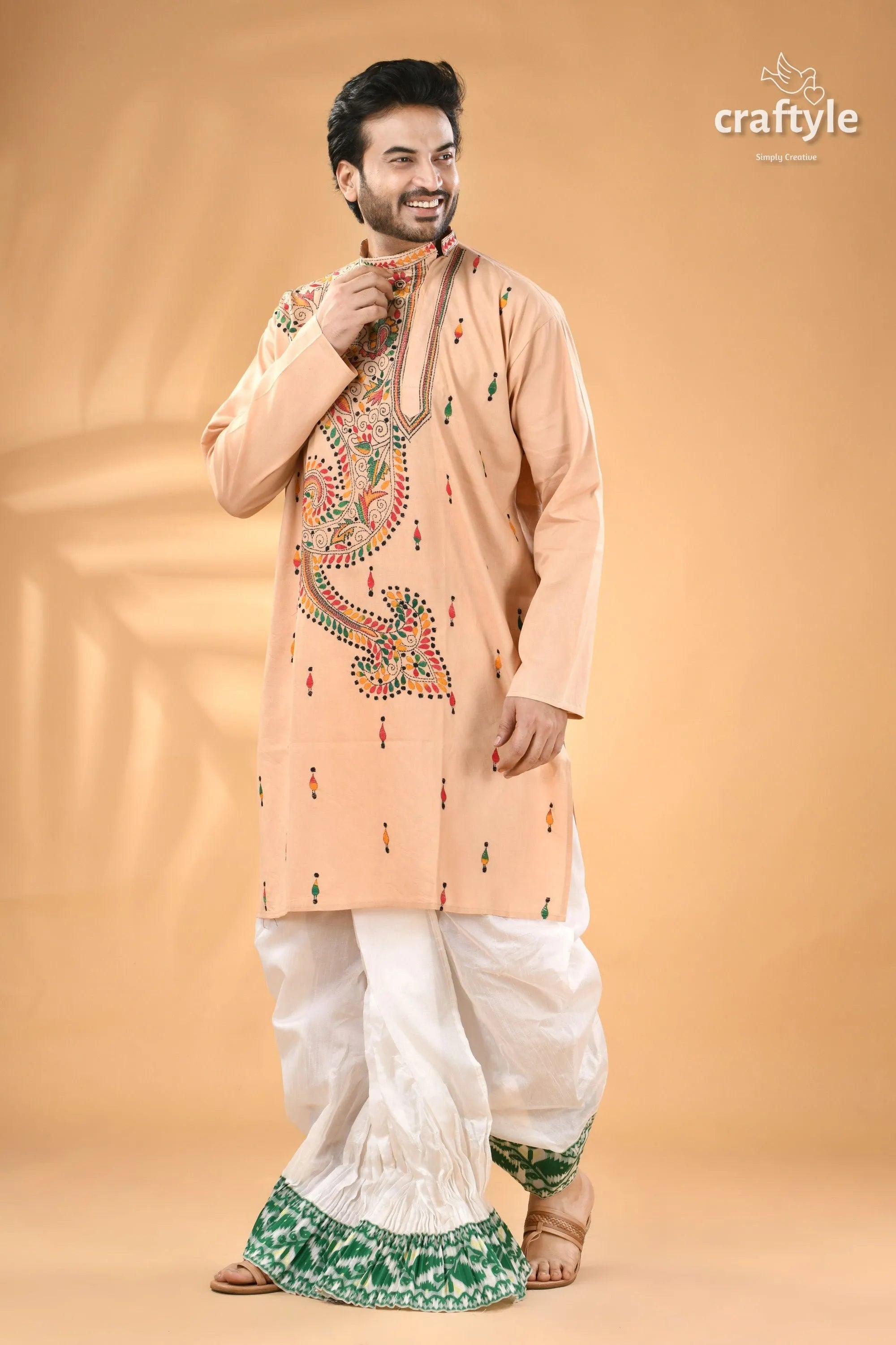 Sisal color multi-thread kantha stitch cotton kurta for men men’s peach-colored embroidered white 5