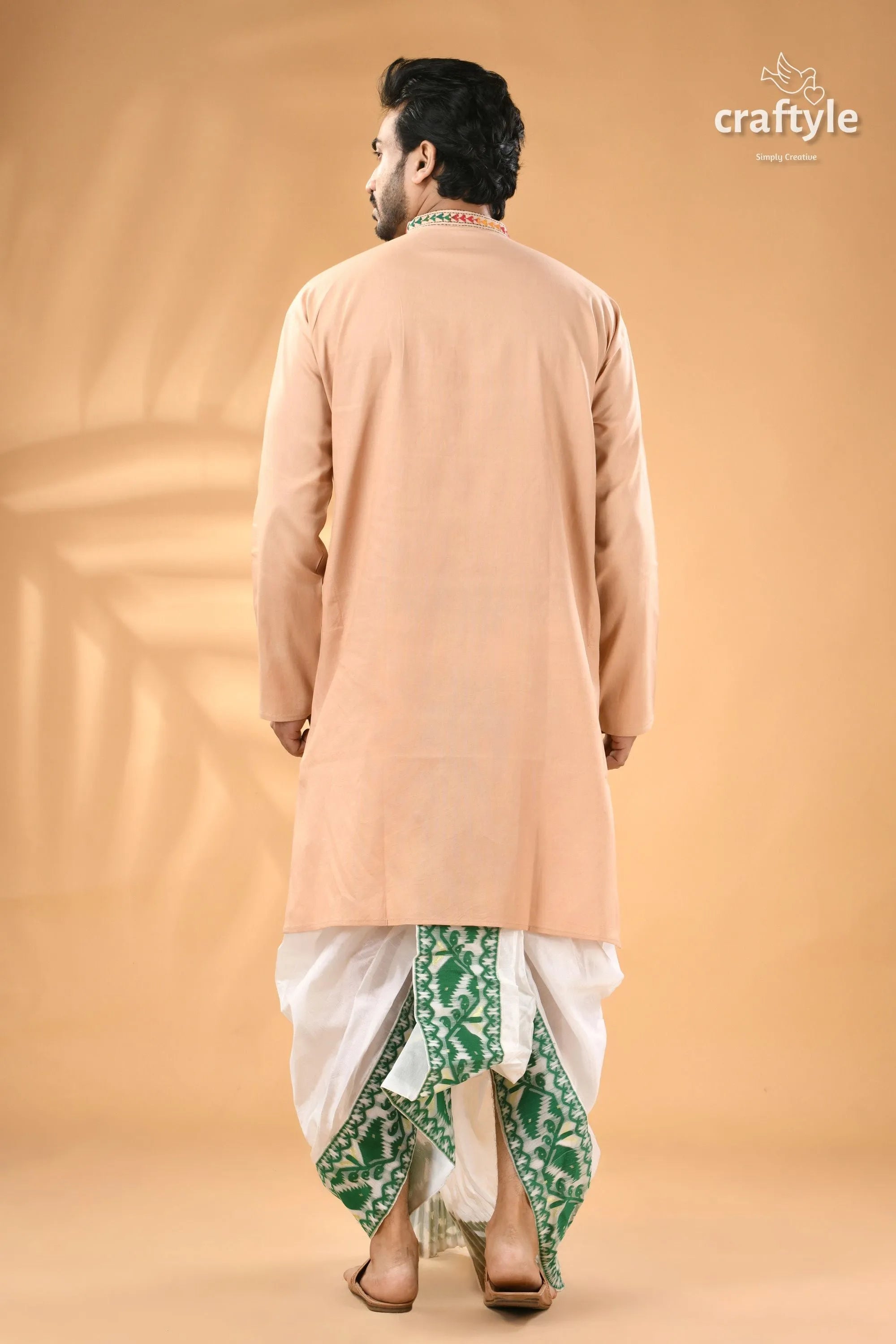 Sisal color multi-thread kantha stitch cotton kurta for men men’s peach white green 6