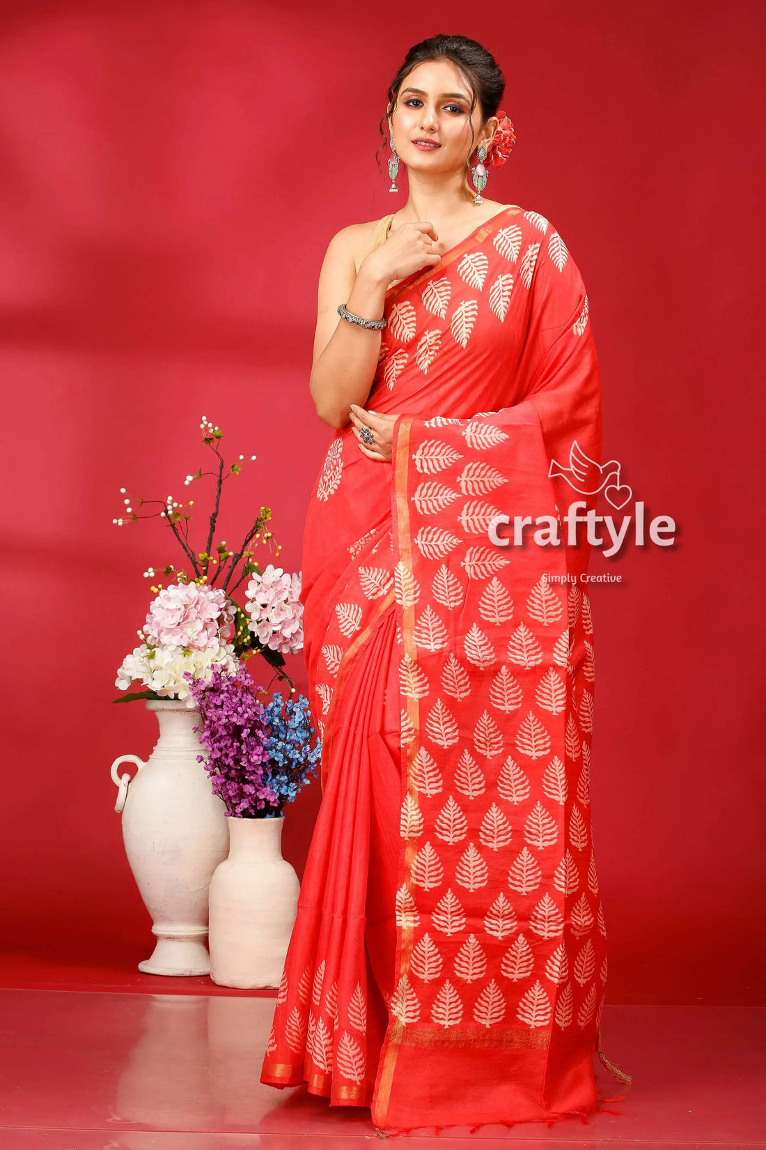 Sizzling red floral moif modal silk saree - luxurious indian wedding attire leaf pattern 1
