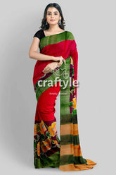 Sizzling red zari tussar saree - hand painted pure and luxurious red green floral saree 3