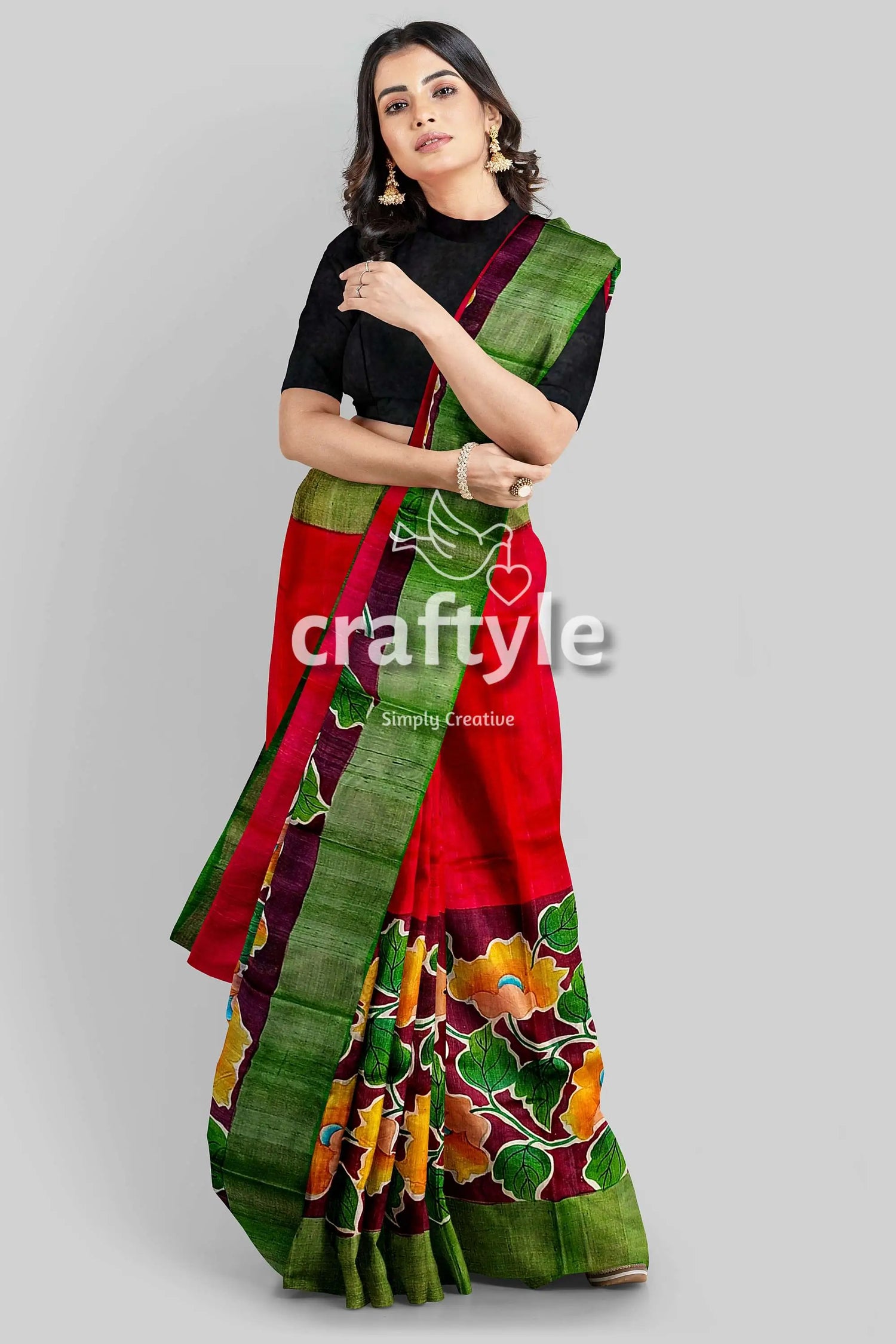Sizzling red zari tussar saree - hand painted pure and luxurious woman red floral saree 1