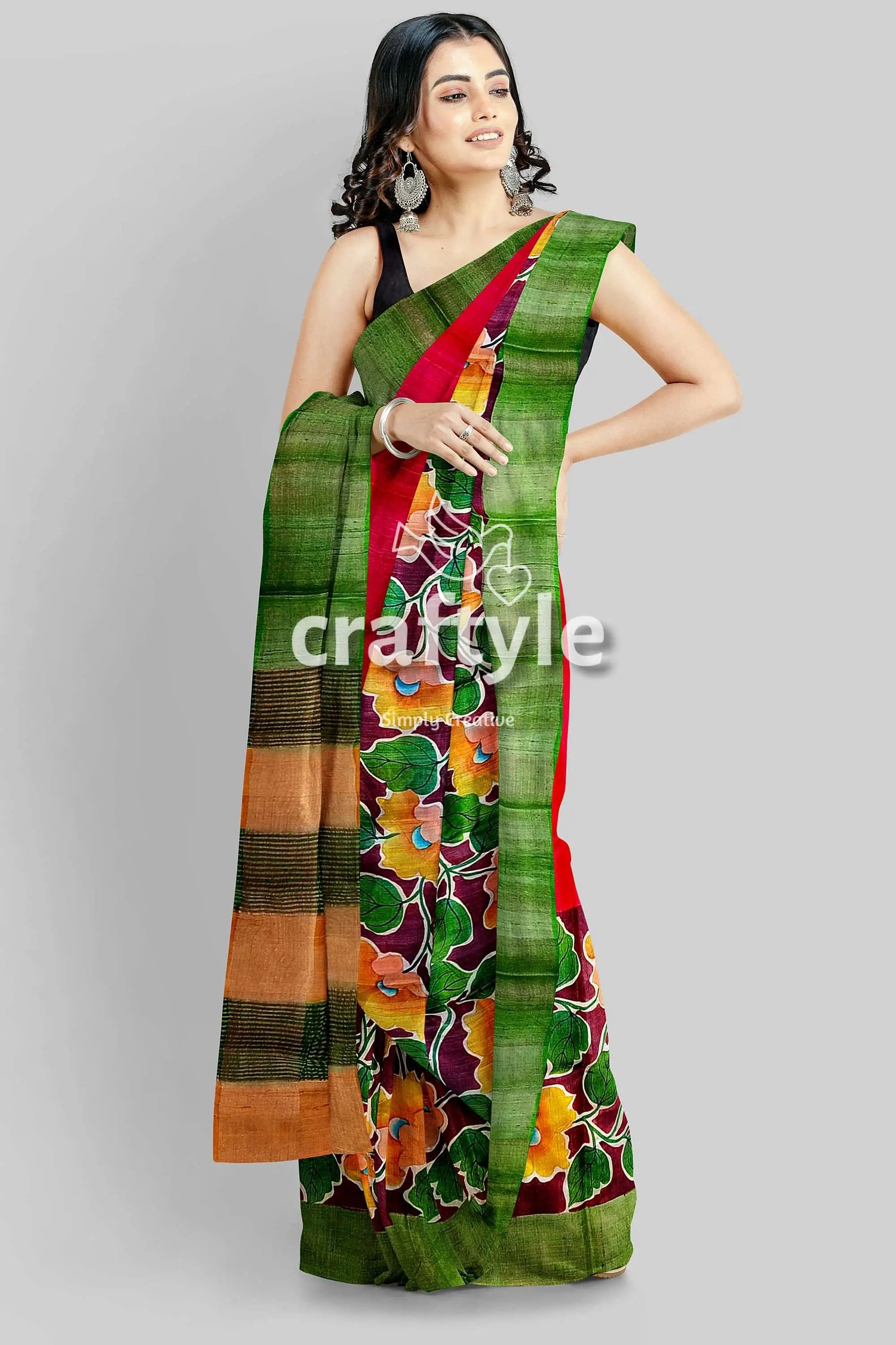 Sizzling red zari tussar saree - hand painted pure and luxurious floral-patterned saree green border 4