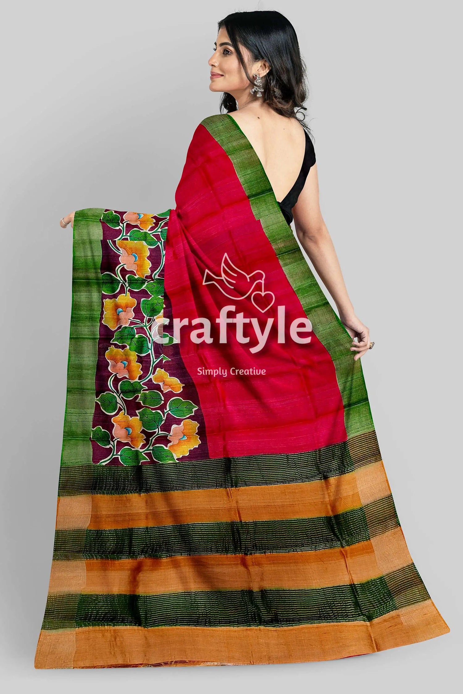 Sizzling red zari tussar saree - hand painted pure and luxurious red green floral saree 6