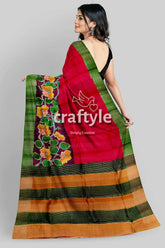 Sizzling red zari tussar saree - hand painted pure and luxurious red green floral saree 6
