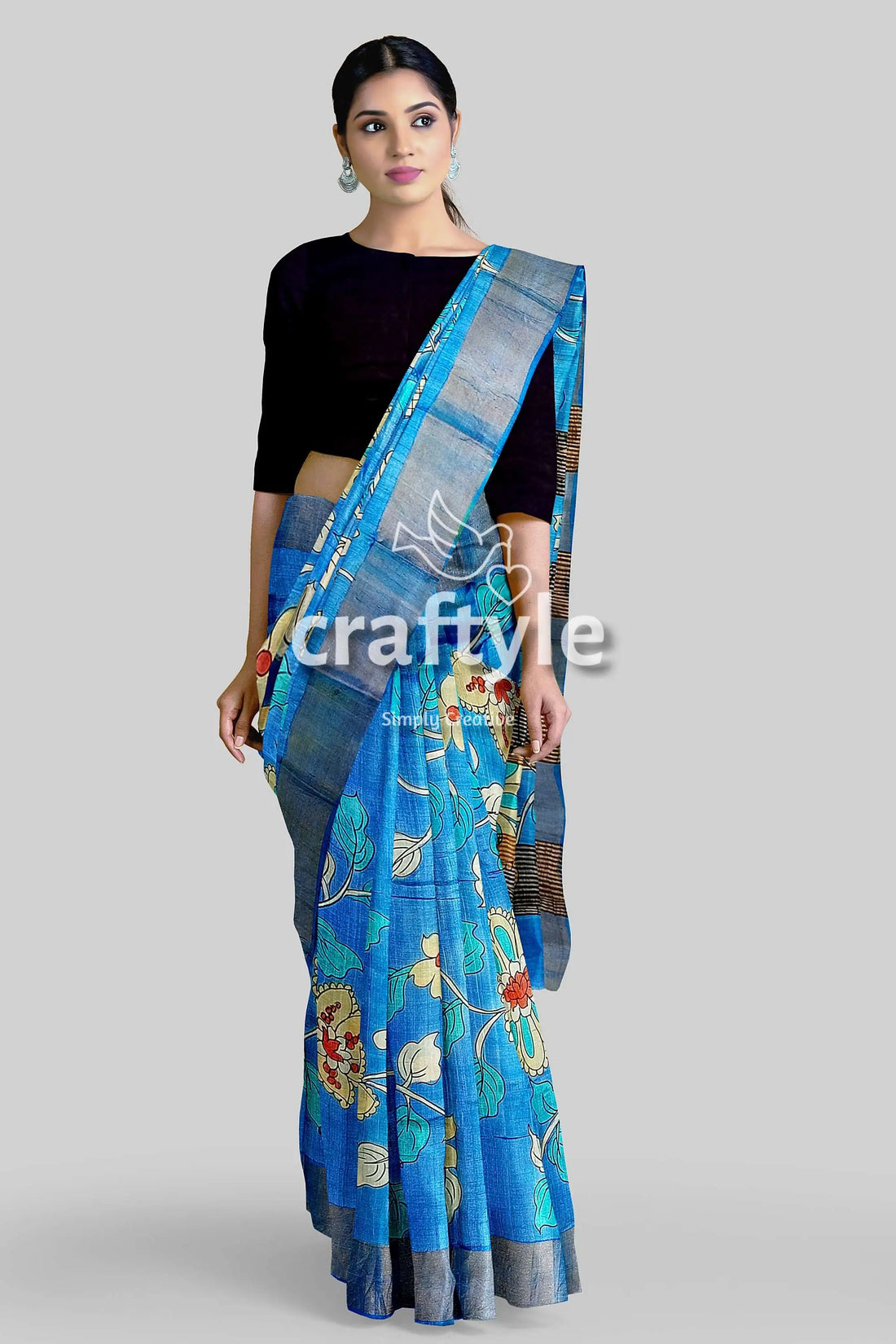 Sky blue handcrafted pure tussar kalamkari saree with zari border blue floral saree silver border 2