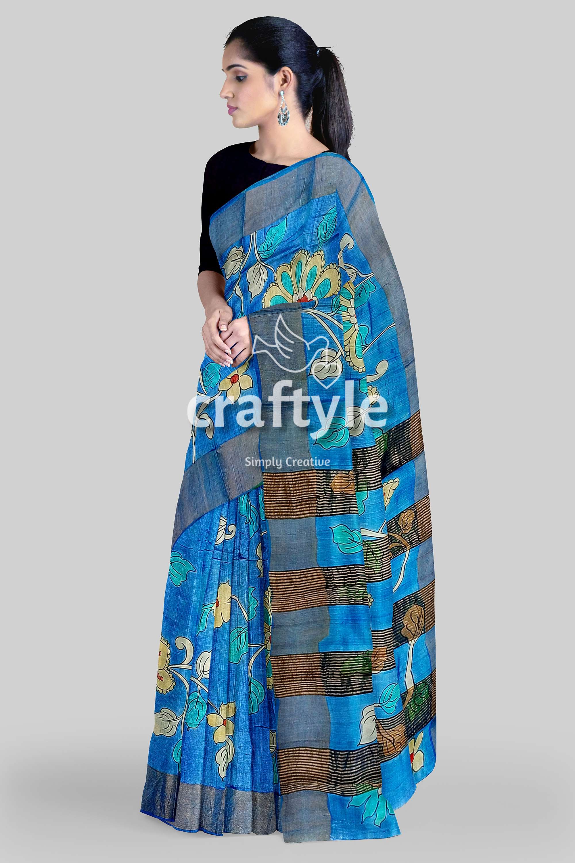 Sky Blue Handcrafted Pure Tussar Kalamkari Saree with Zari Border - Craftyle