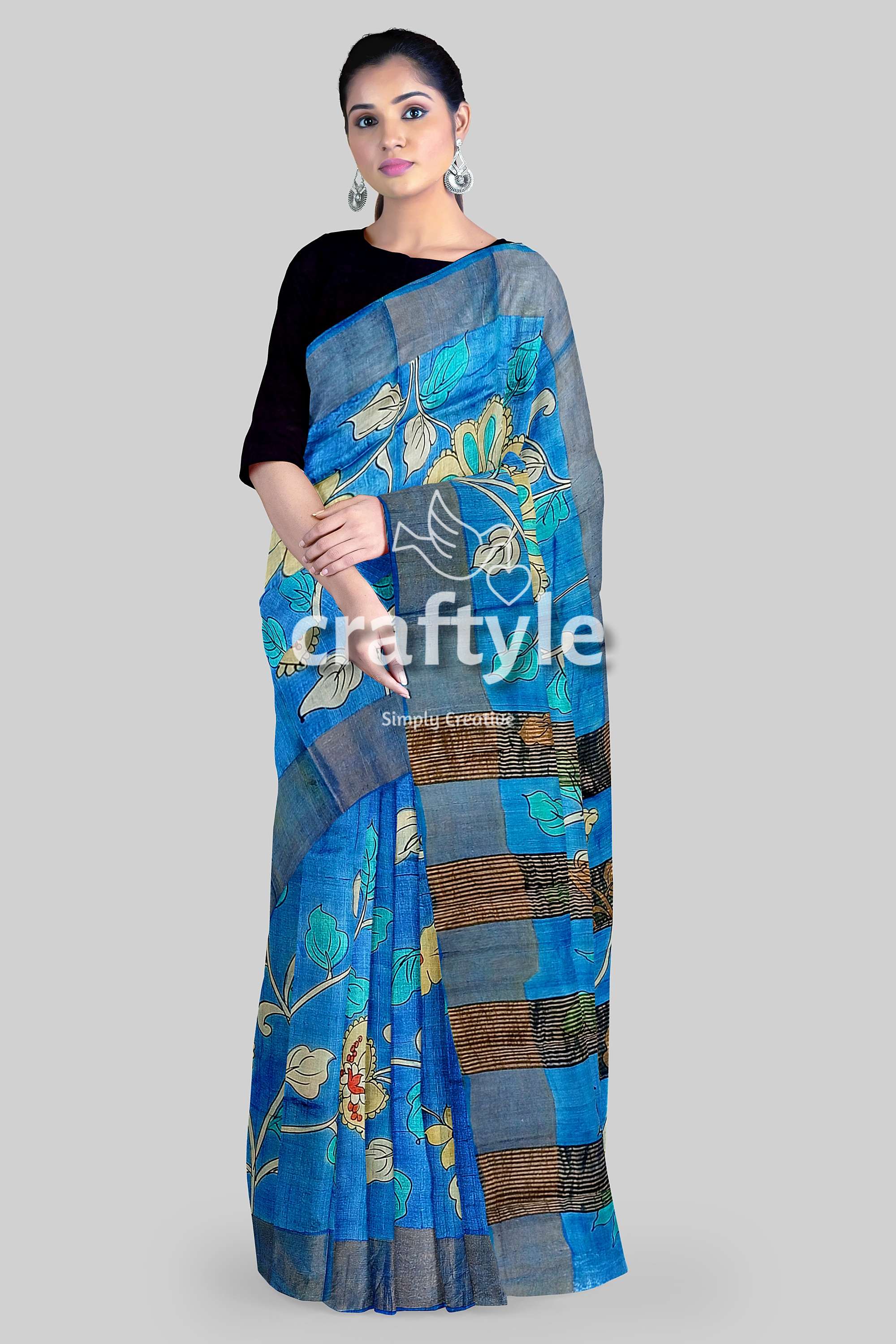 Sky Blue Handcrafted Pure Tussar Kalamkari Saree with Zari Border - Craftyle