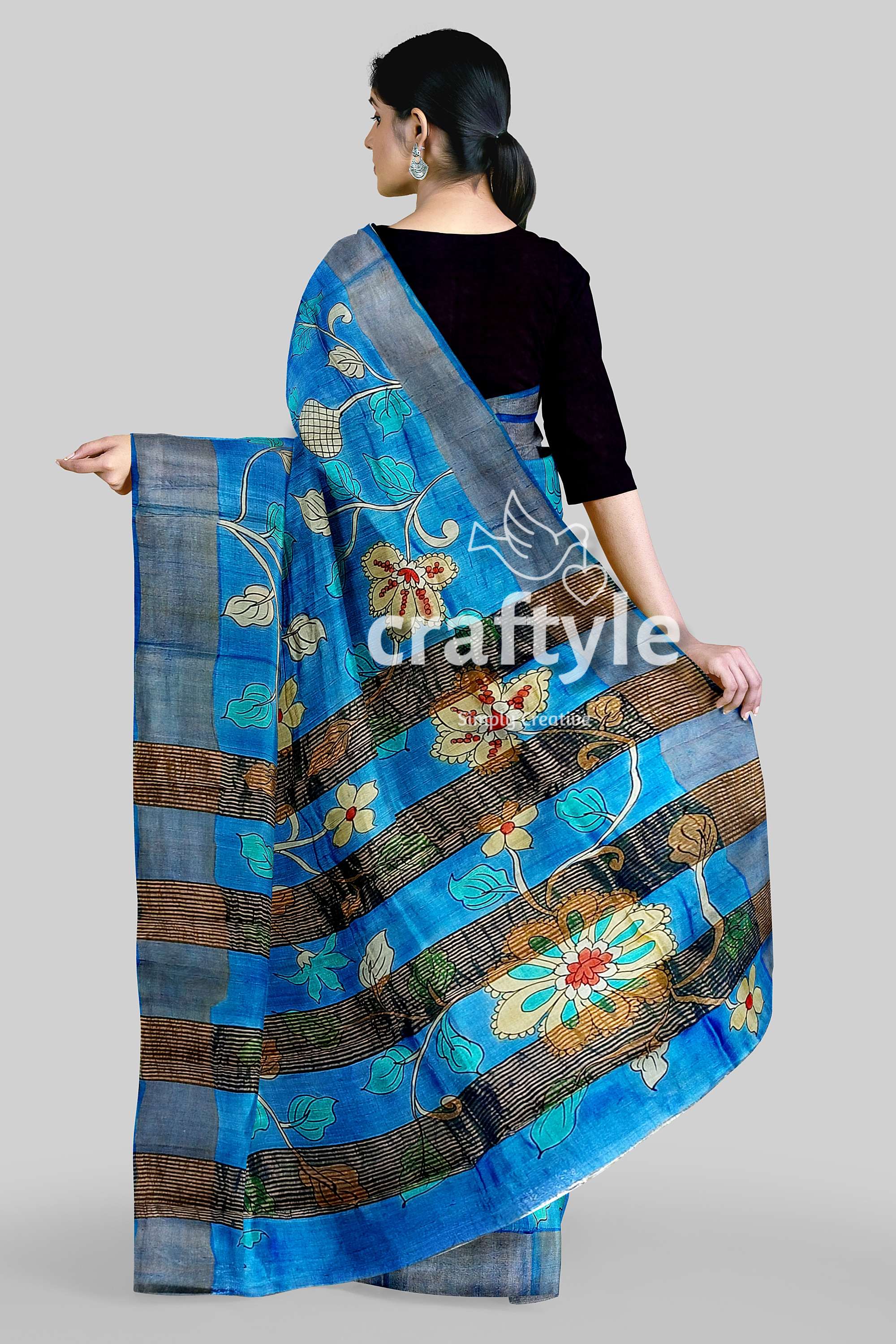 Sky Blue Handcrafted Pure Tussar Kalamkari Saree with Zari Border - Craftyle