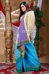 Sky blue handloom cotton saree woman blue yellow saree 3