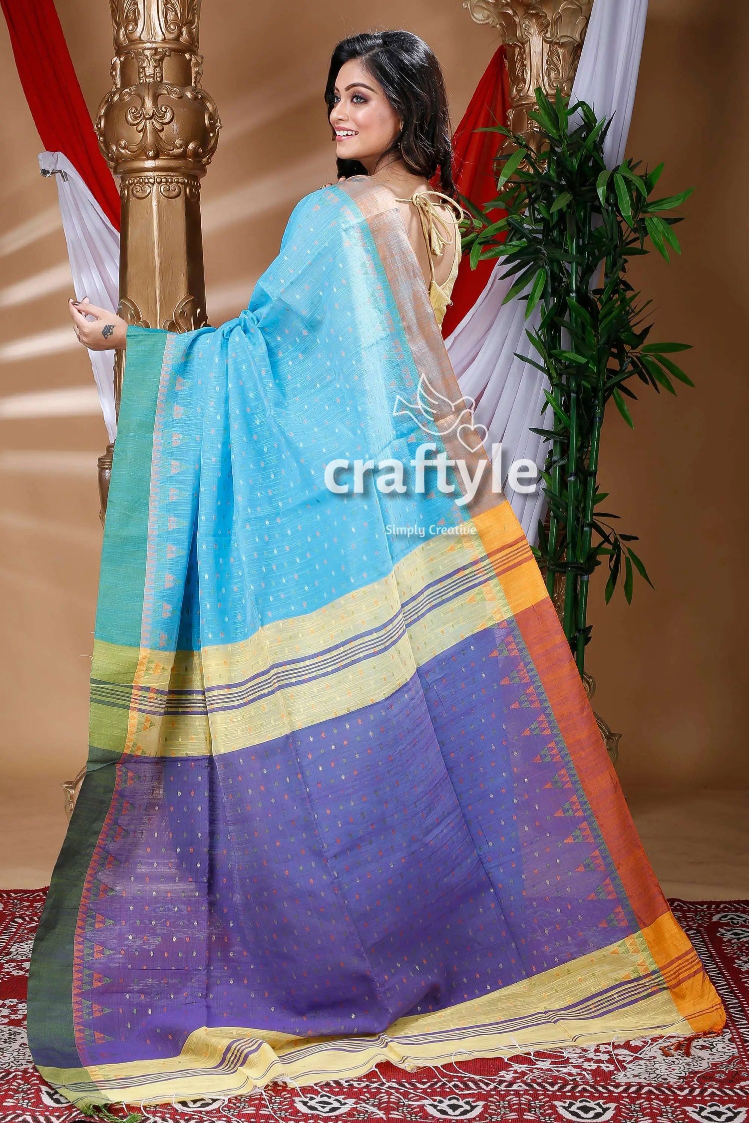 Sky blue handloom cotton saree colorful saree intricate border 4