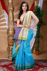 Sky blue handloom cotton saree woman blue yellow saree 1