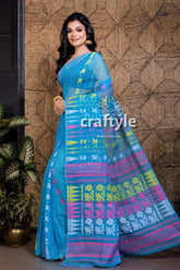 Sky blue handloom dhakai jamdani saree blue cotton saree floral geometric 3