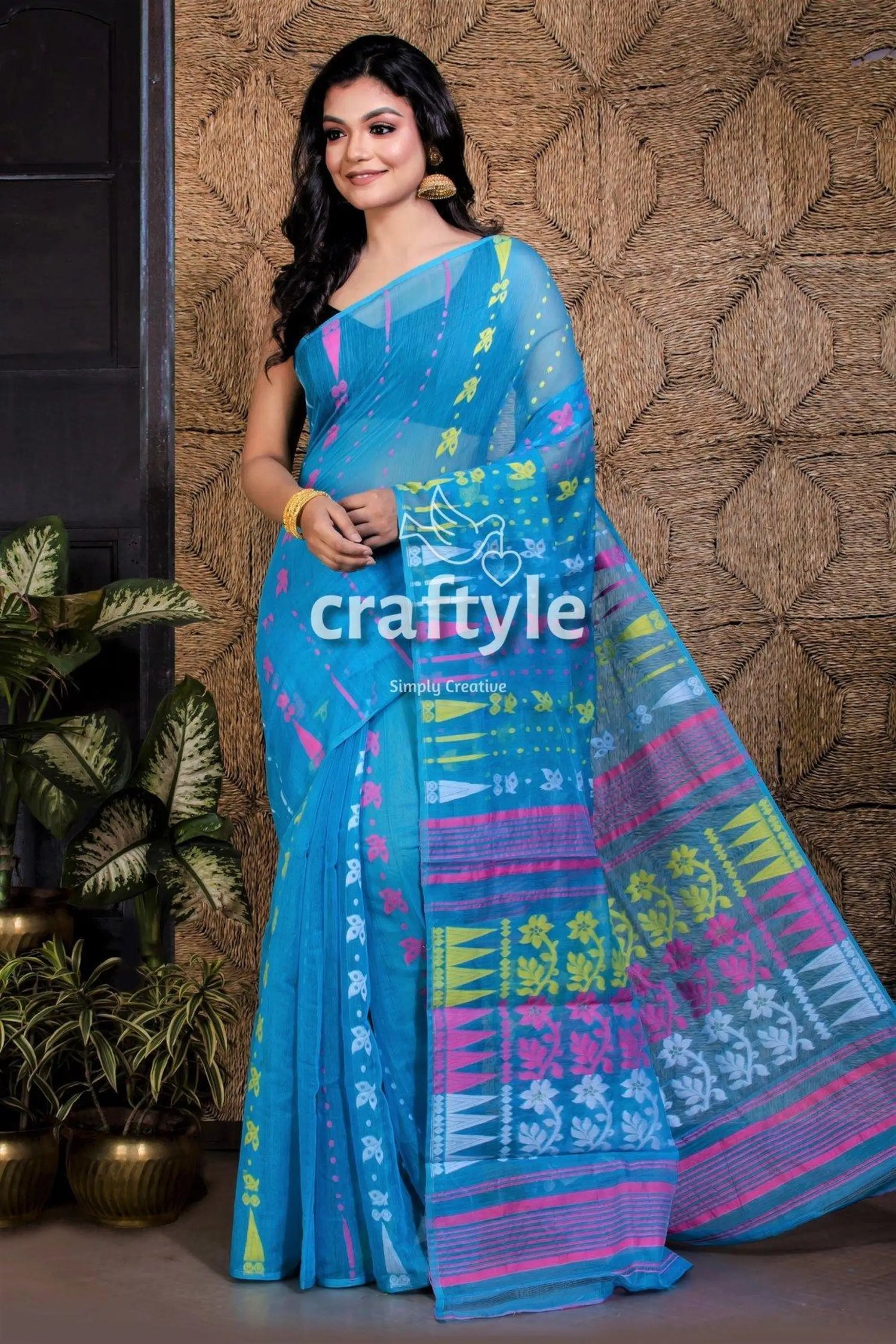 Sky blue handloom dhakai jamdani saree blue cotton saree colorful floral 2
