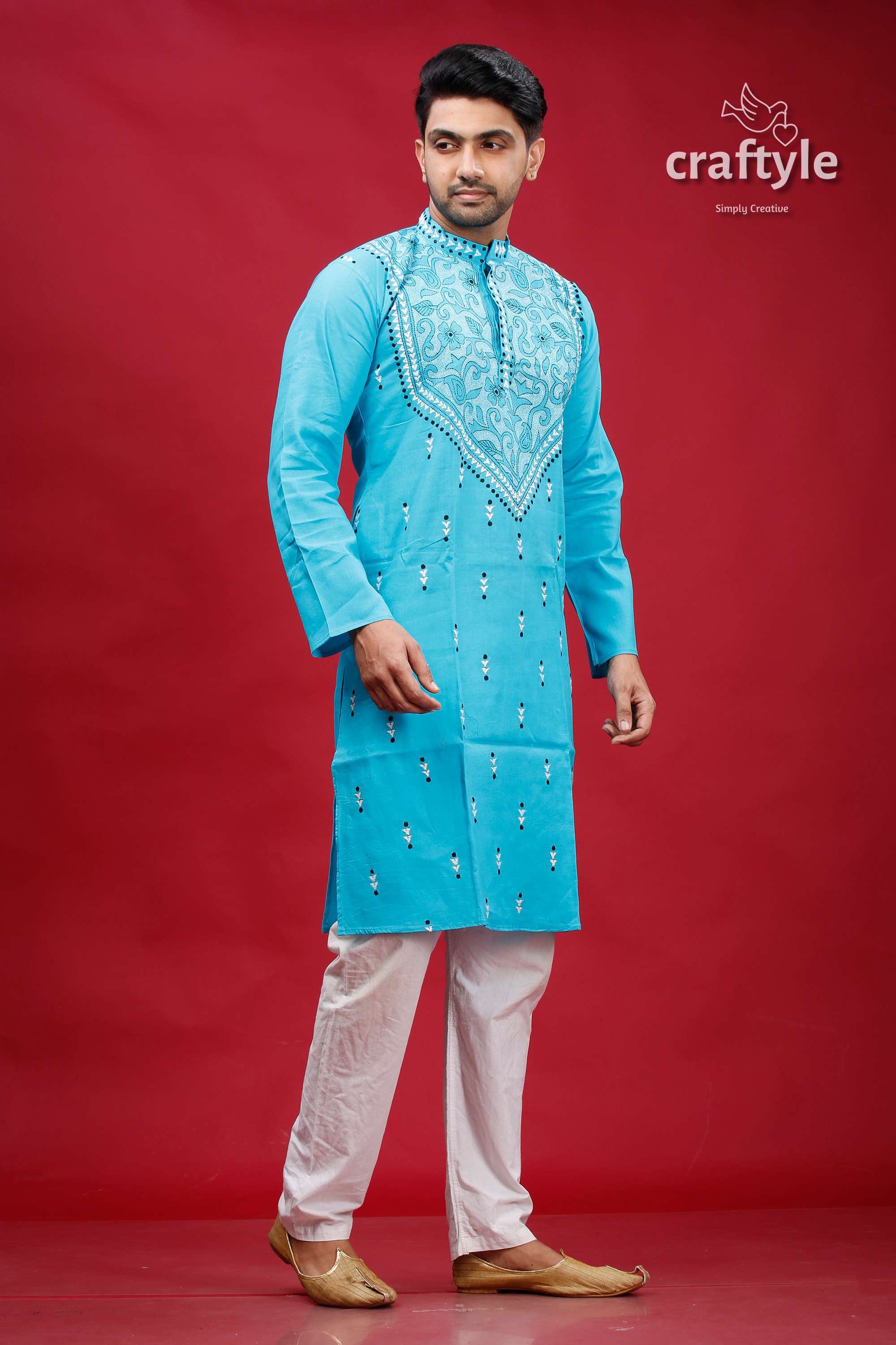 Sky Blue Kantha Stitch Cotton Panjabi for Men - Craftyle