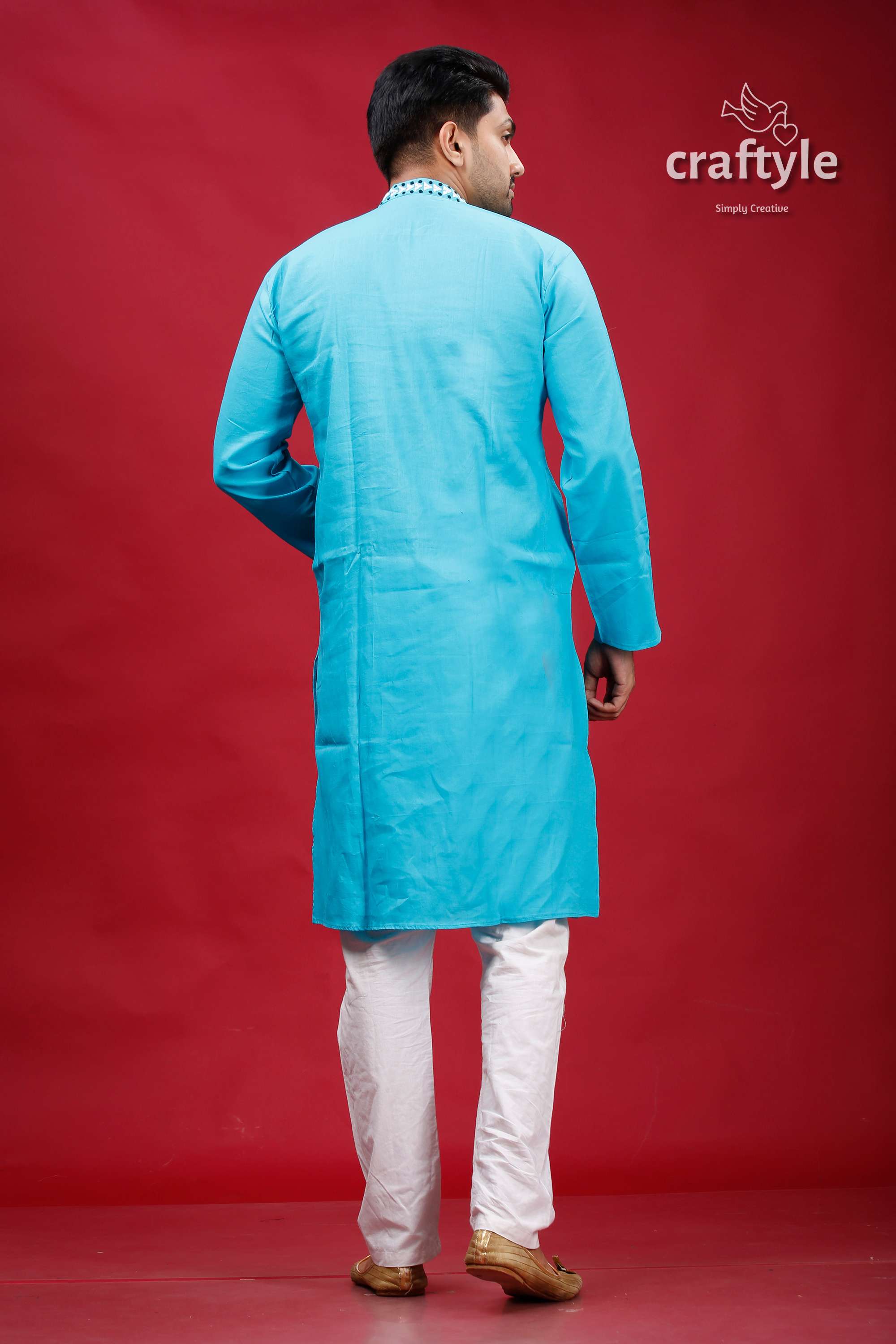 Sky Blue Kantha Stitch Cotton Panjabi for Men - Craftyle