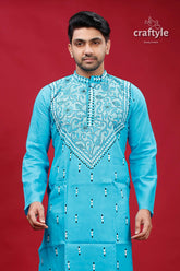 Sky blue kantha stitch cotton panjabi for men light blue embroidered kurta 2