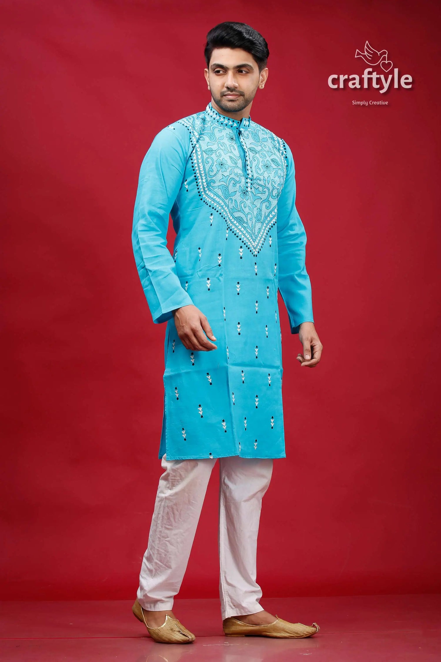 Sky blue kantha stitch cotton panjabi for men man embroidered kurta pajama 4