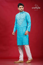 Sky blue kantha stitch cotton panjabi for men man embroidered blue kurta white 3
