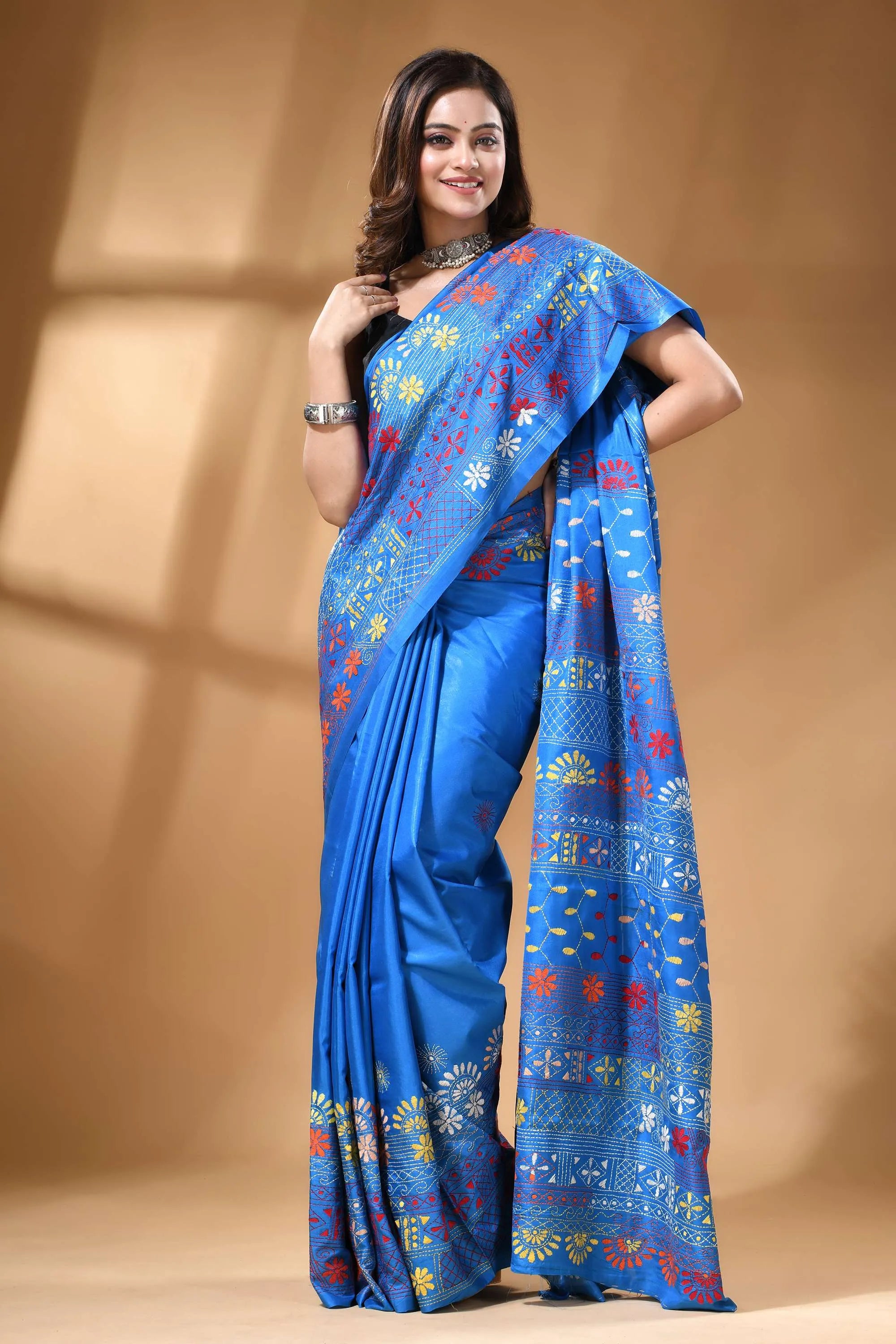 Sky blue multicolor ethnic handcrafted silk lambani embroidery saree vibrant royal blue saree intricate 5