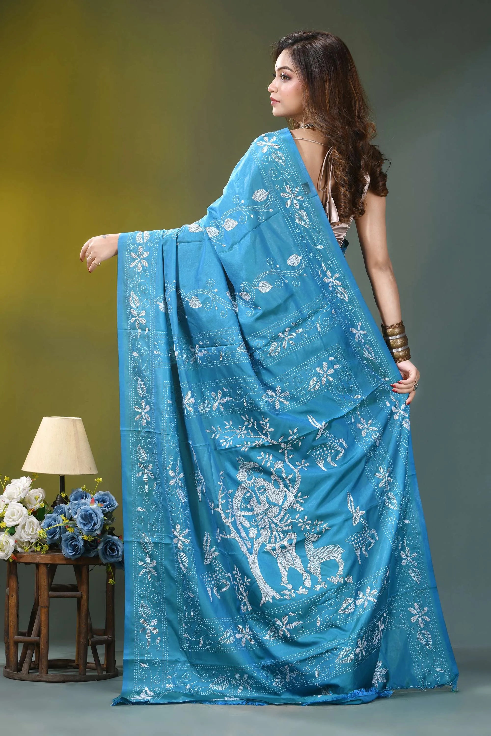 Sky blue nature theme artisanal silk kantha work saree vibrant turquoise blue saree intricate 4