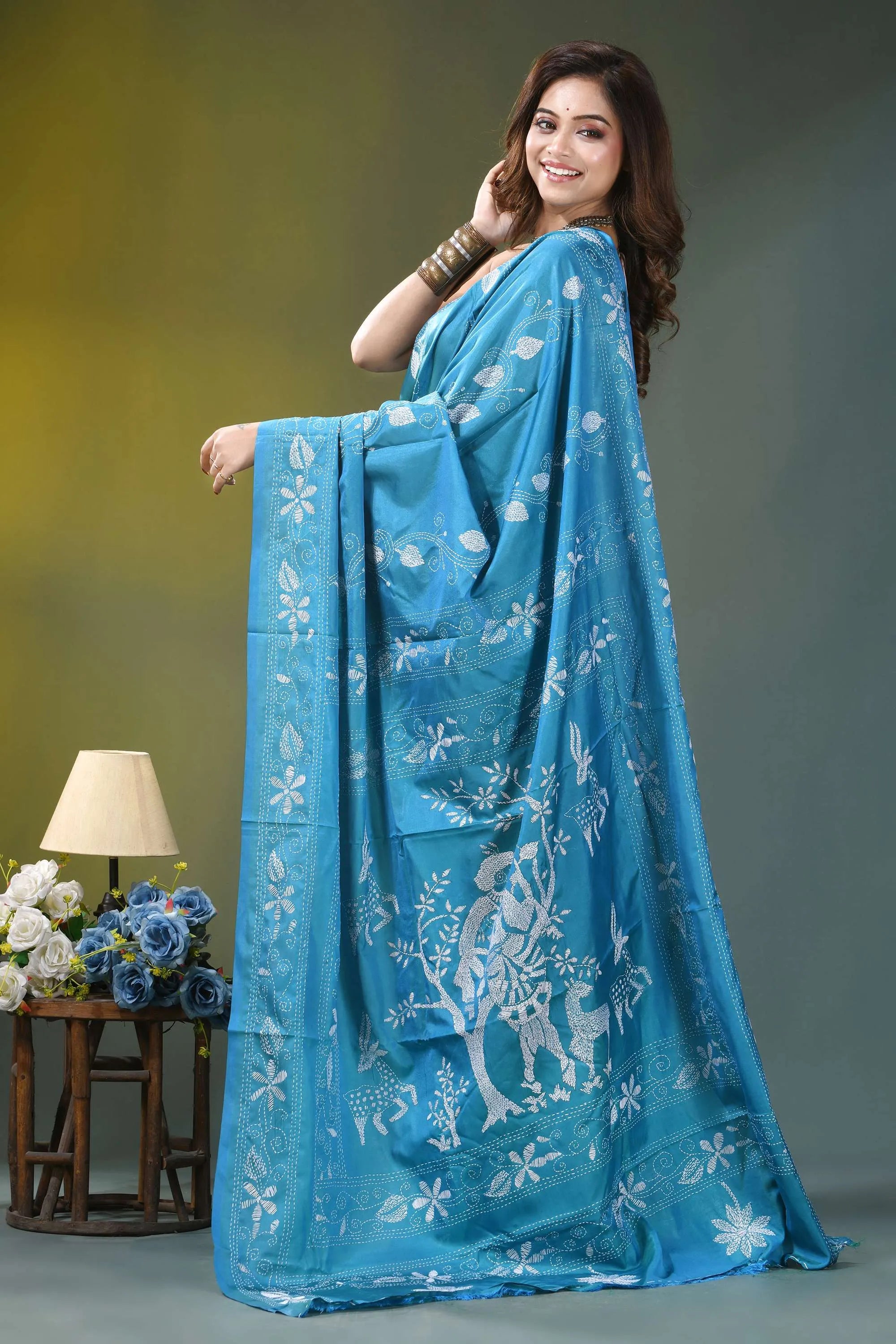 Sky blue nature theme artisanal silk kantha work saree vibrant turquoise saree intricate white 3