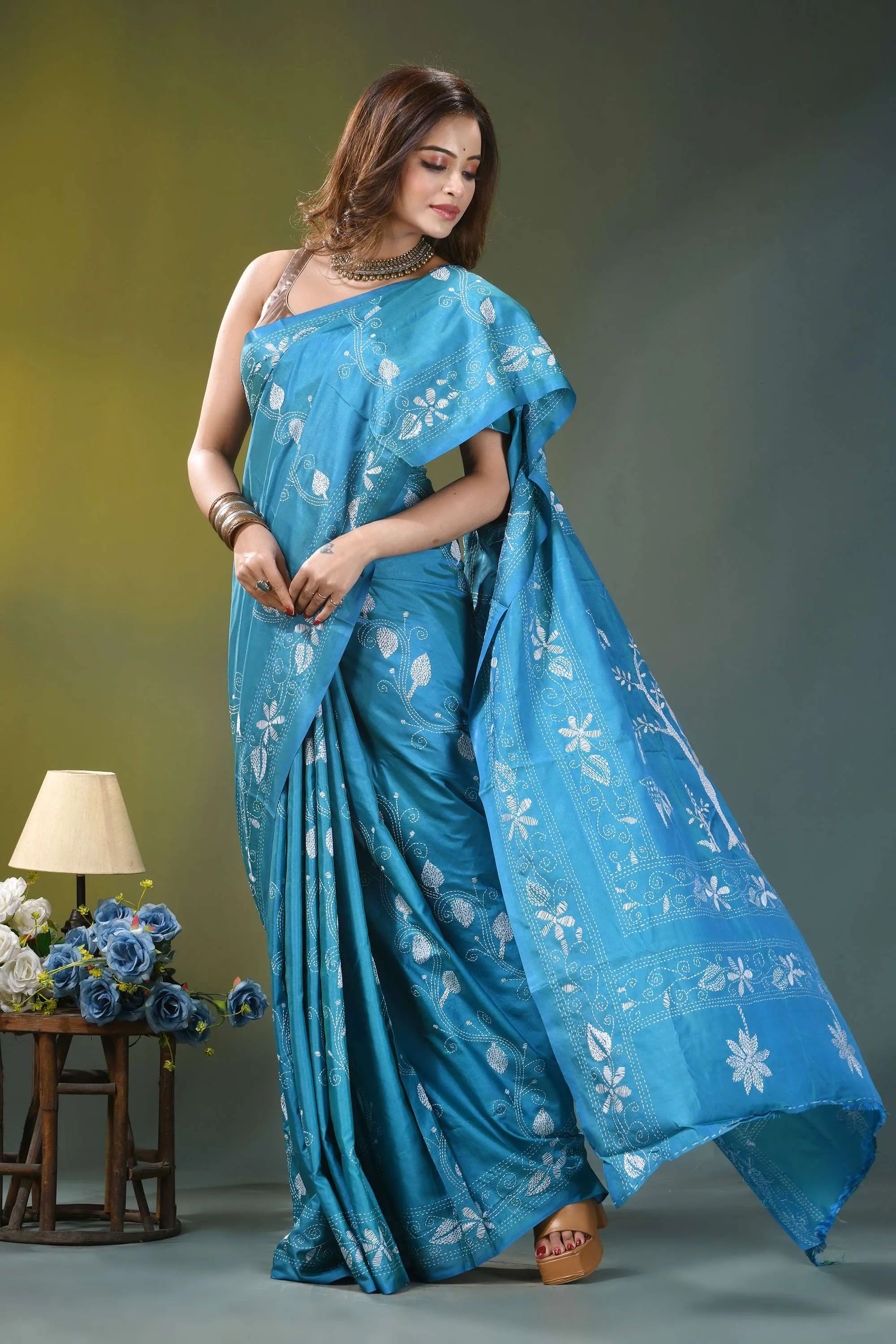 Sky blue nature theme artisanal silk kantha work saree vibrant turquoise silk saree adorned 5