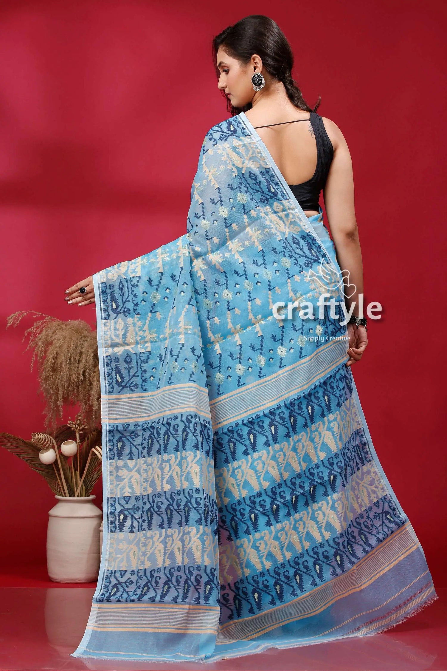 Sky blue soft dhakai jamdani saree blue patterned saree 5