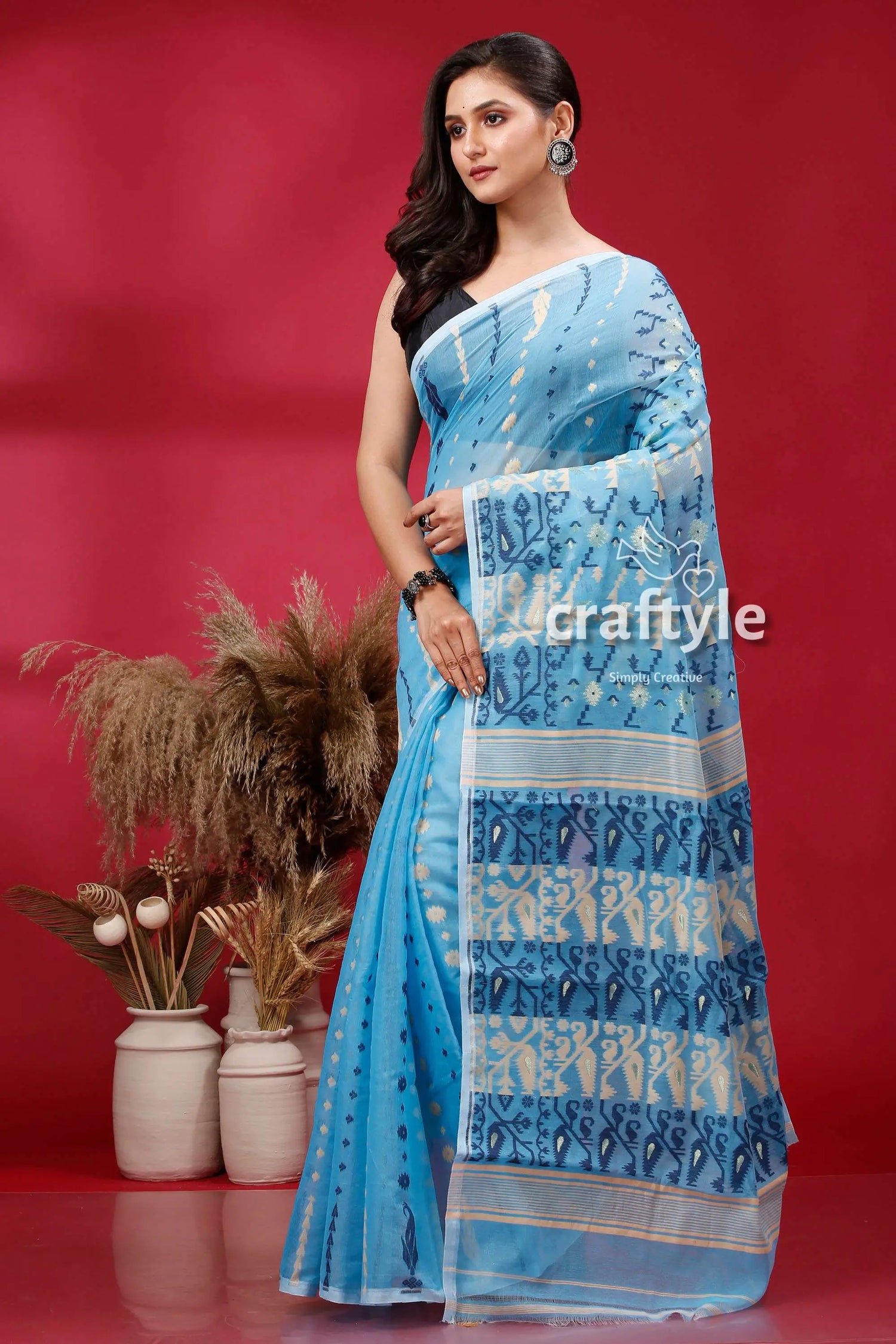 Sky blue soft dhakai jamdani saree light blue patterned saree 3