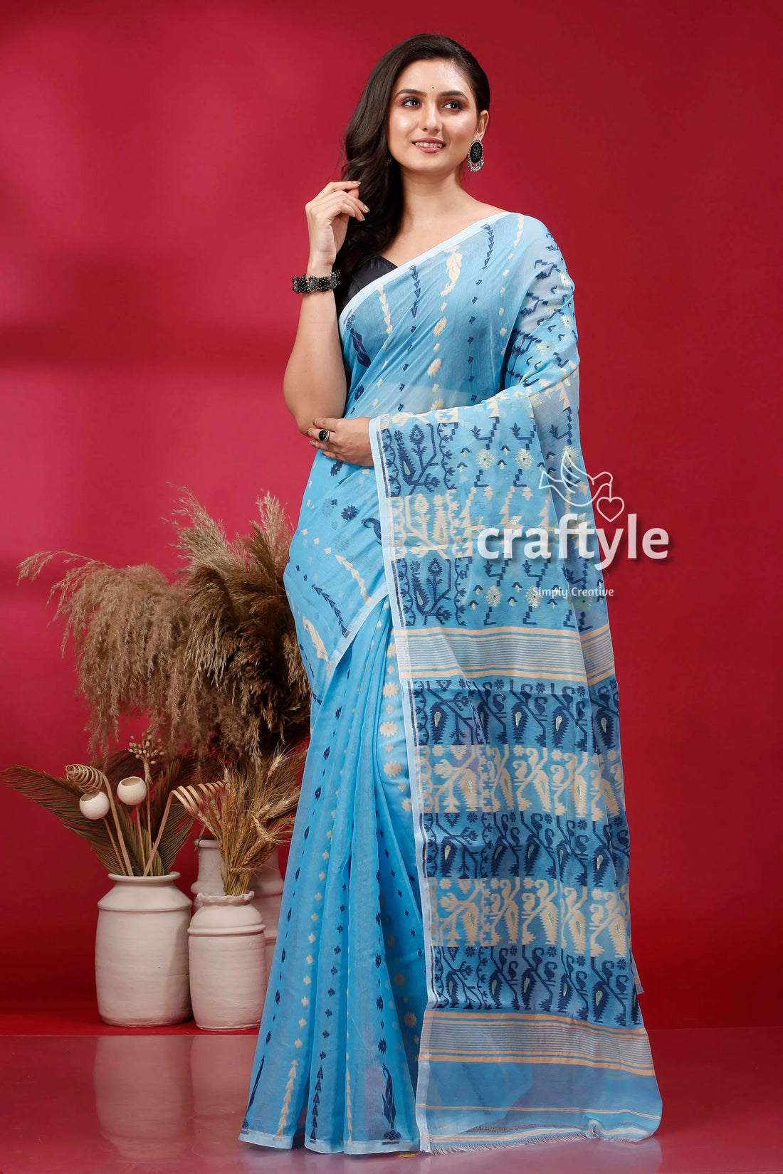 Sky blue soft dhakai jamdani saree woman patterned 1
