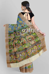 Sky blue tussar kalamkari saree with zari border - hand painted pure fabric hand-painted saree intricate