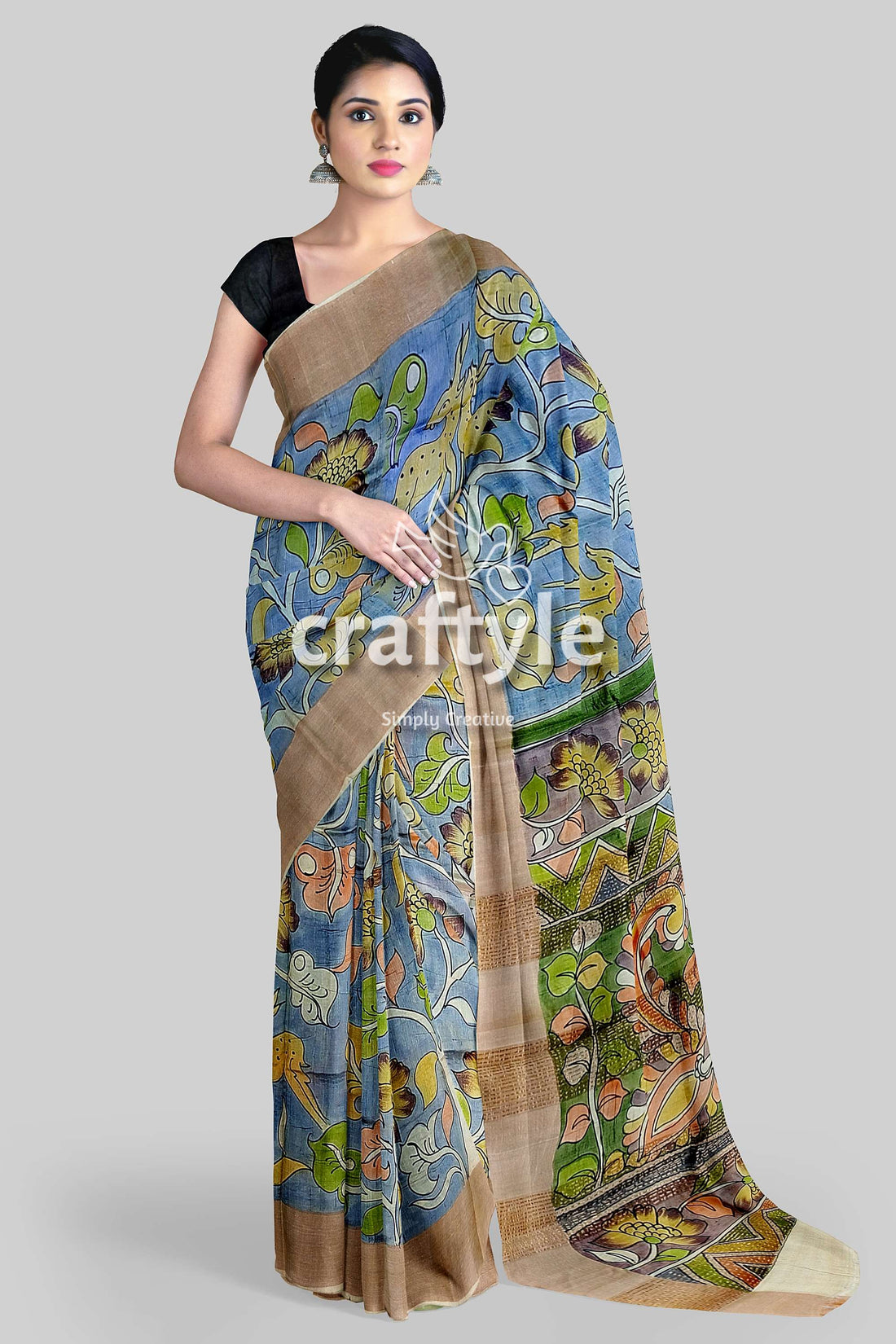 Sky Blue Tussar Kalamkari Saree with Zari Border - Hand Painted Pure Tussar Fabric - Craftyle