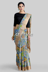 Sky Blue Tussar Kalamkari Saree with Zari Border - Hand Painted Pure Tussar Fabric - Craftyle