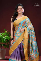 Sky blue & violet handmade zari pure tussar kalamkari design saree woman blue purple saree floral 2