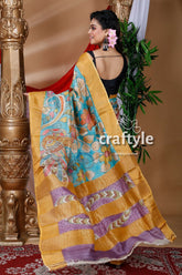 Sky Blue & Violet Handmade Zari Pure Tussar Kalamkari Design Saree - Craftyle