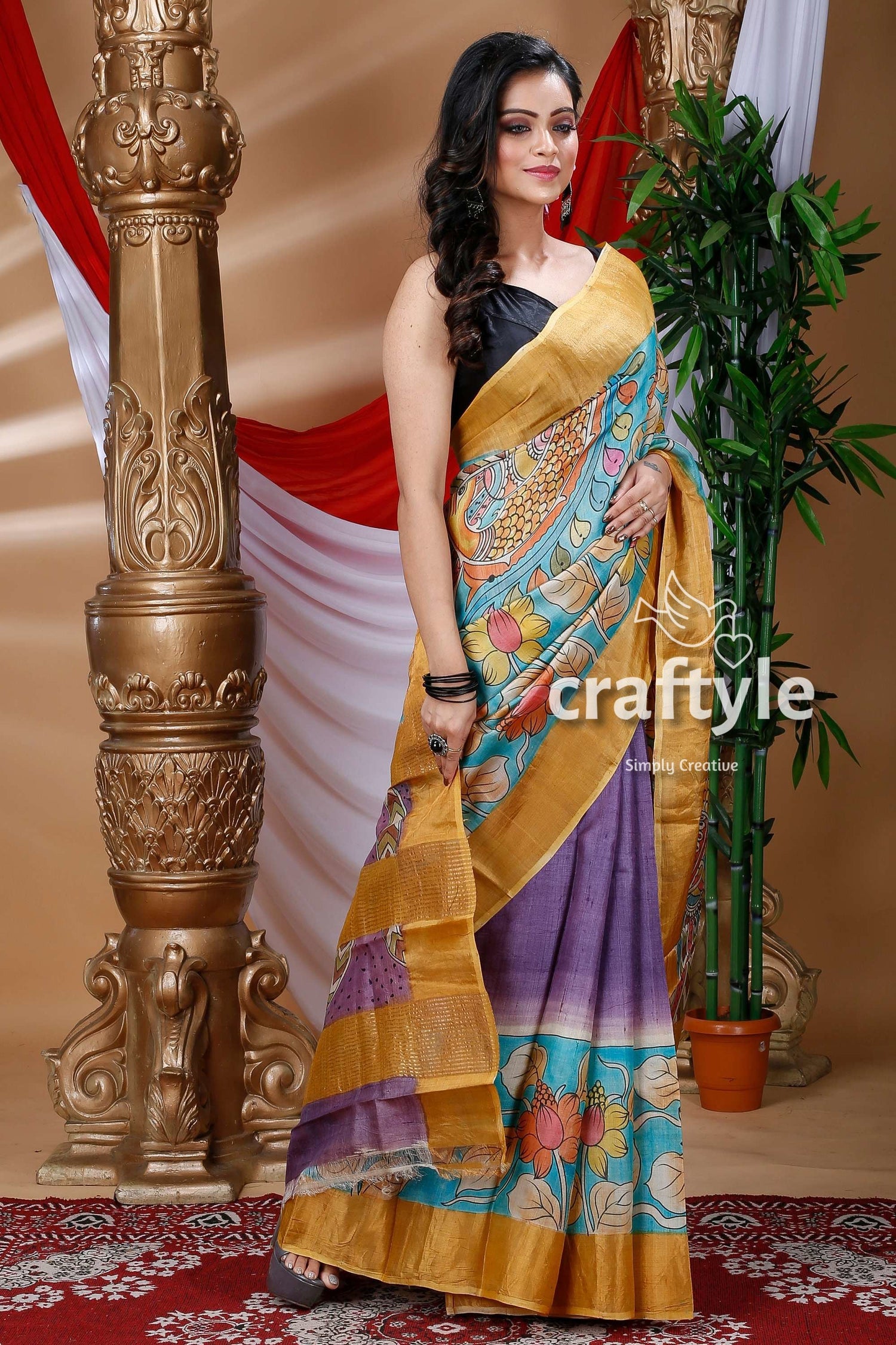 Sky Blue &amp; Violet Handmade Zari Pure Tussar Kalamkari Design Saree - Craftyle