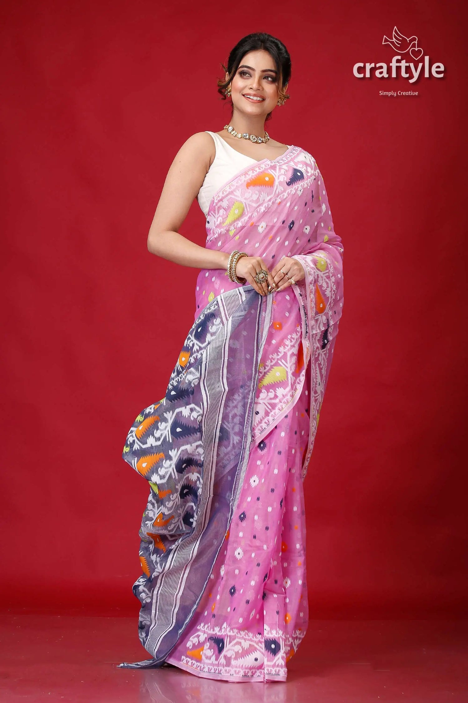 Sky magenta intricate soft jamdani saree pink patterned saree 4