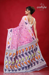 Sky magenta intricate soft jamdani saree pink saree colorful patterned border 5