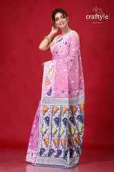 Sky magenta intricate soft jamdani saree pink cotton saree patterned border 3