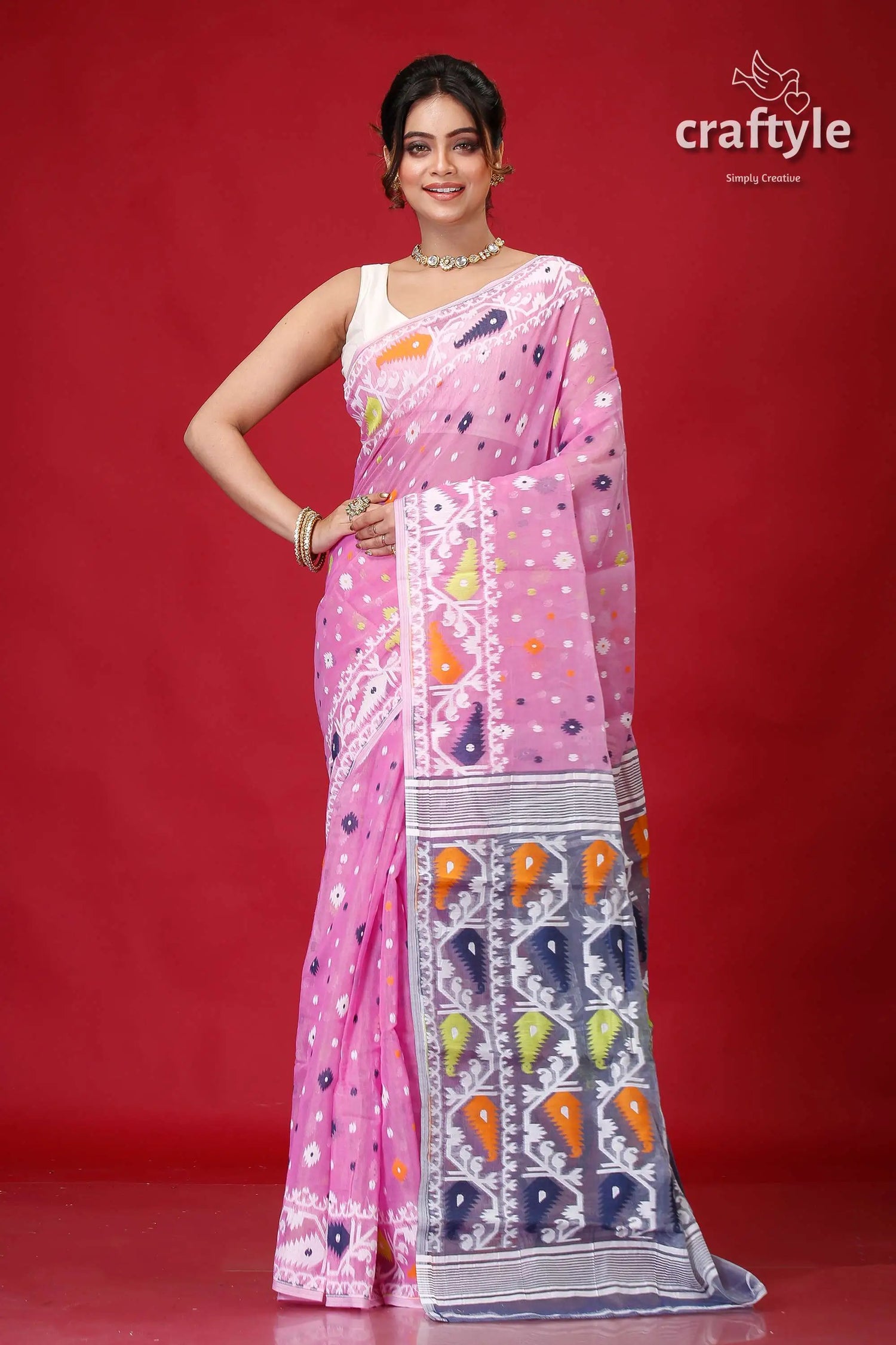 Sky magenta intricate soft jamdani saree pink cotton saree paisley border 1