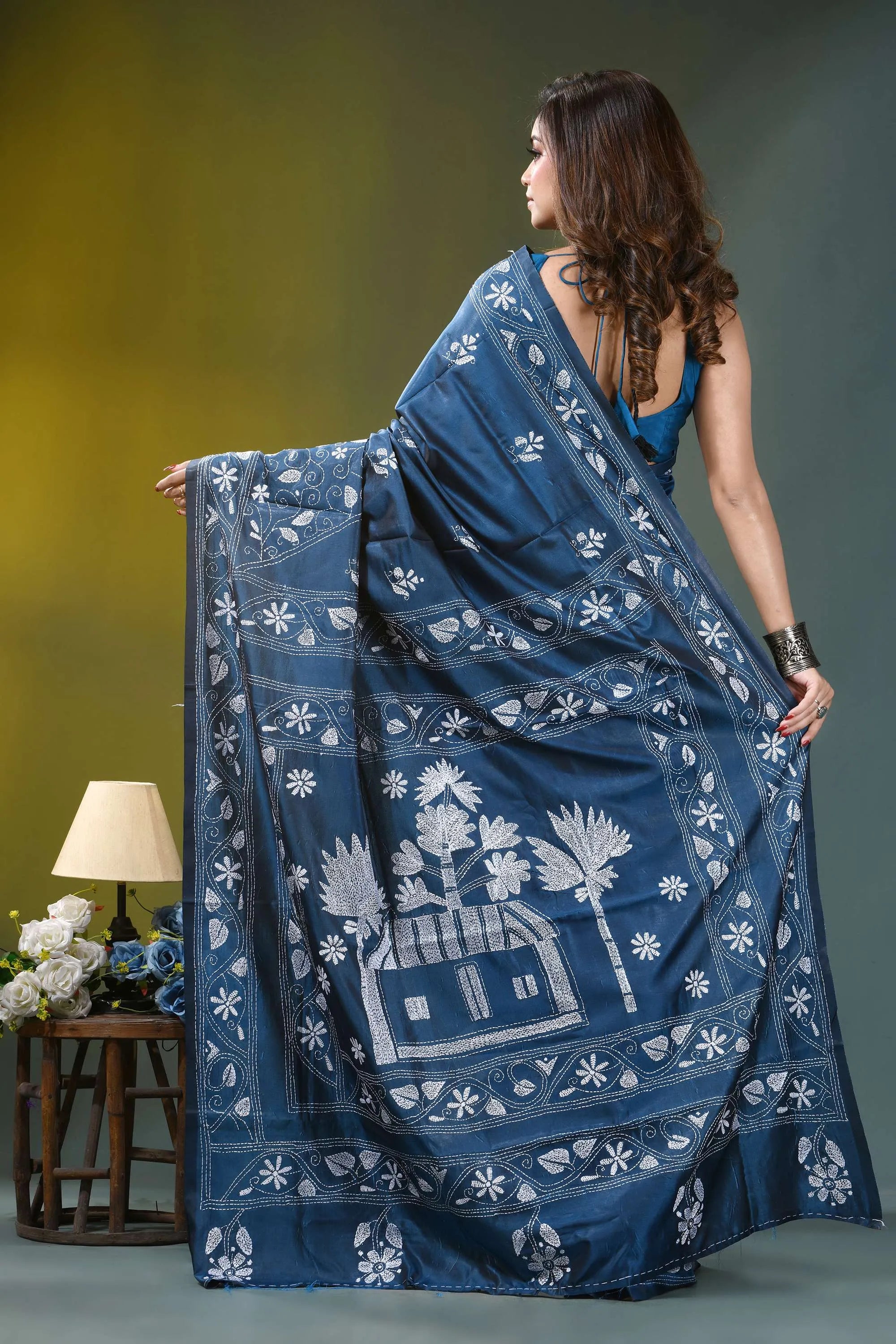 Slate blue village theme handmade silk kantha saree deep blue saree intricate white 4