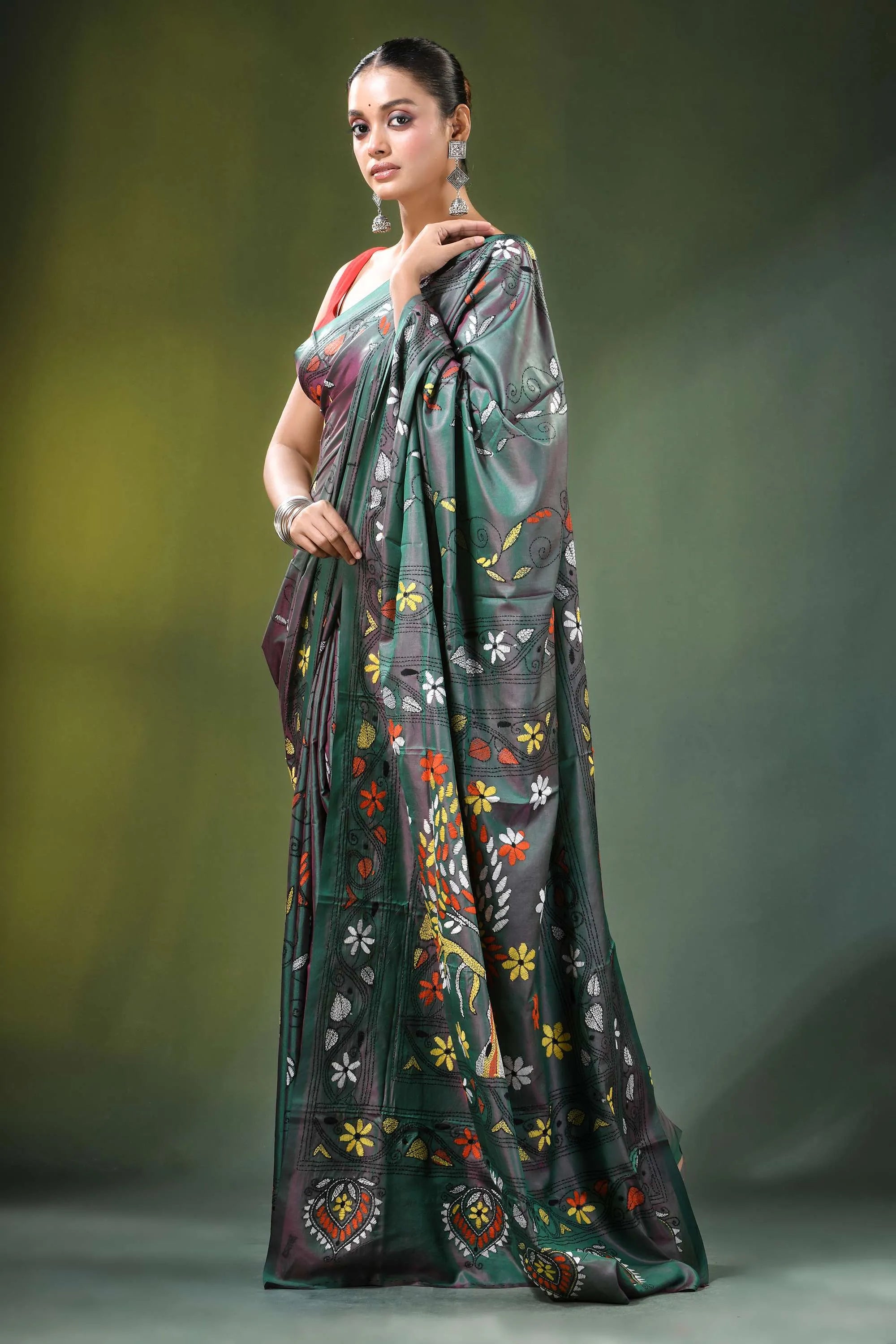 Slate grey tree motif handcrafted silk kantha saree dark green adorned 4