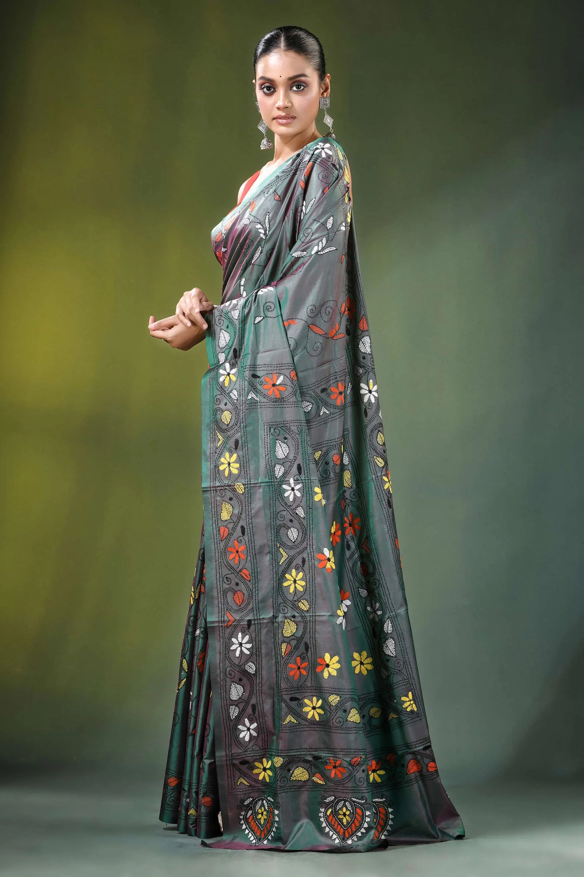 Slate grey tree motif handcrafted silk kantha saree dark green intricate floral 3