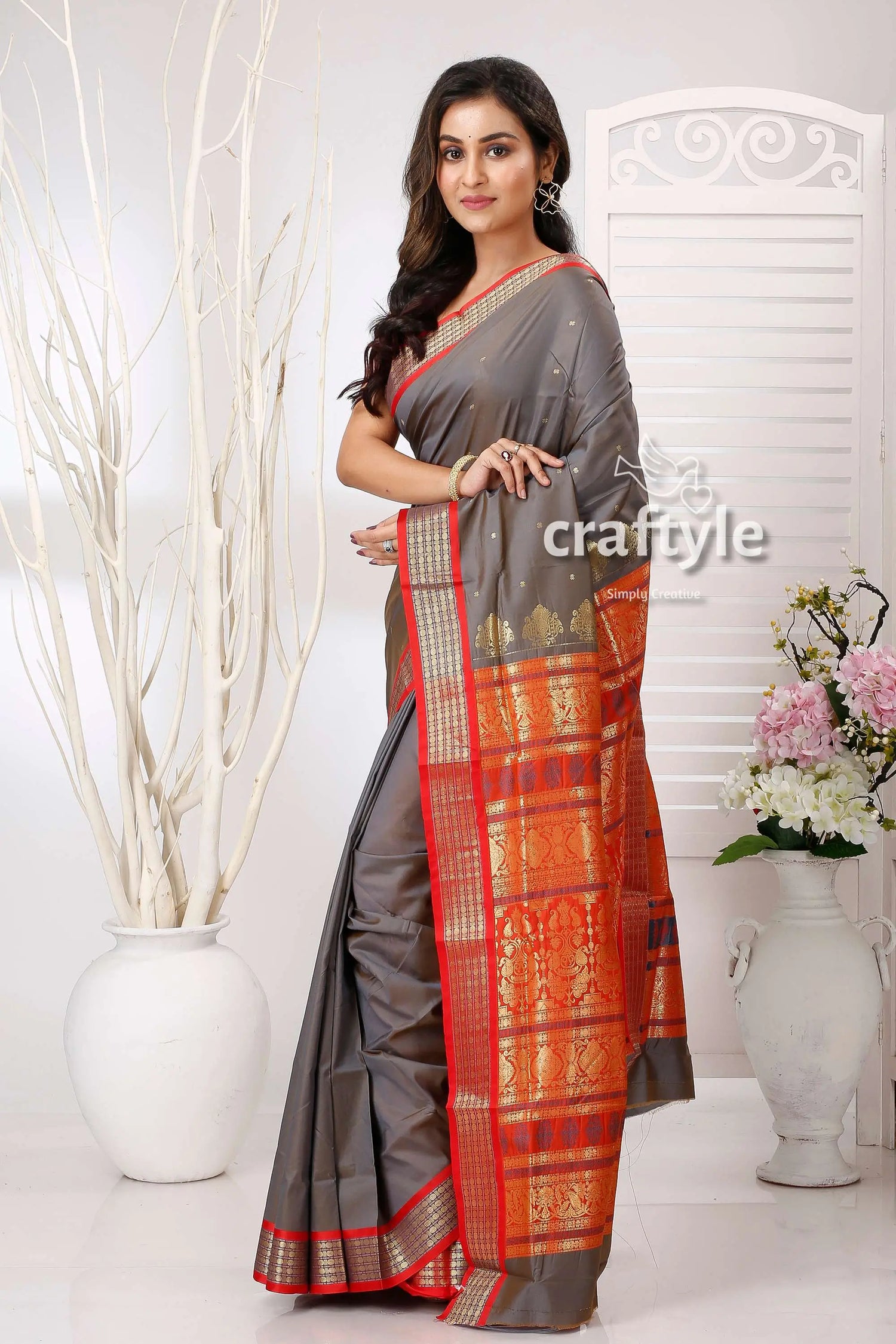 Slate grey zari border bomkai silk saree gray saree red gold border 3
